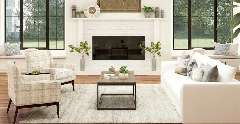 white sofa chair near fireplace